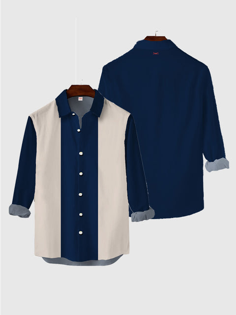 Chemise à manches longues Vintage Classic Contrast Color Blue and White Printing pour hommes