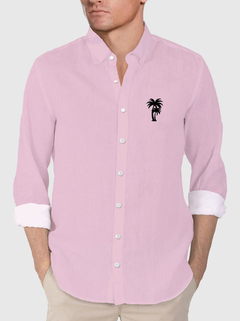 Chemise à manches longues pour hommes avec impression de cocotier hawaïen rose-noir