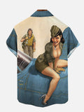 Retro Poster Airplane And Pretty Girl Printing Short Sleeve Shirt