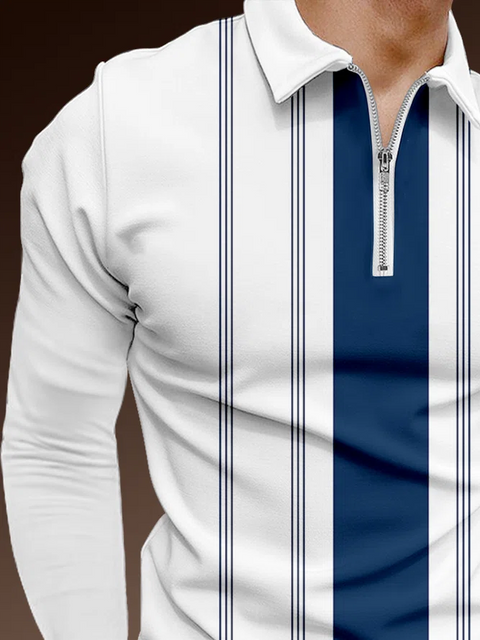 Vintage Blue White Stripes Graphic Geometric Pattern Printing Zipper Spread Collar Long Sleeve Polo