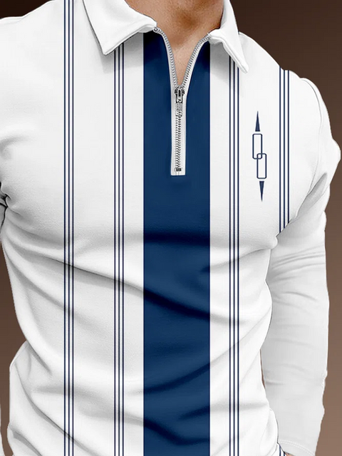 Vintage Blue White Stripes Graphic Geometric Pattern Printing Zipper Spread Collar Long Sleeve Polo