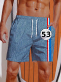 Vintage Blue 53 Number Red And Blue Stripes Printing Shorts