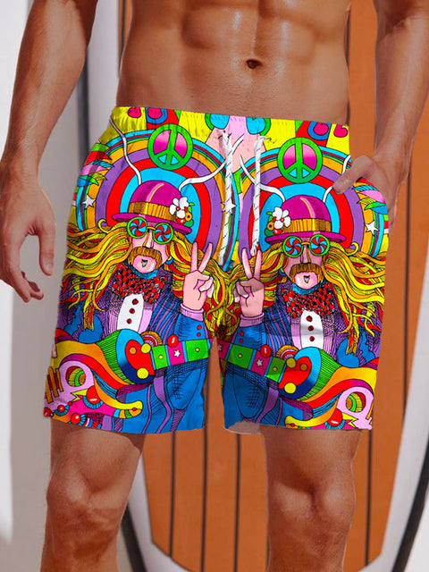 60'S Peace Hippie Style Abstract Colorful Music Love And Peace Printing Shorts