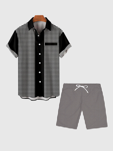 Kurzärmliges Herrenhemd ohne Taschen aus der Mitte des Jahrhunderts in modernem Schwarz-Weiß-Musterdruck