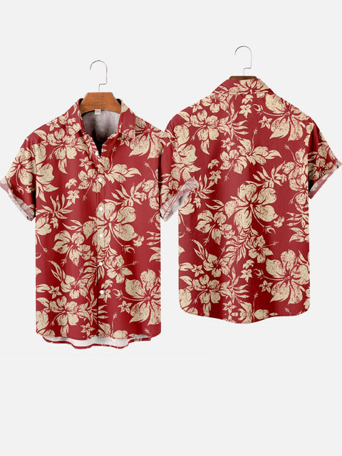 Vintage Casual Red Floral Hawaiian Short Sleeve Shirt