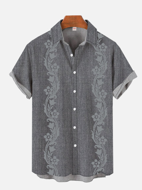 Gray Linear Floral Hawaiian Vacation Short Sleeve Shirt