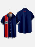 Vintage Red and Navy Stitching and Badge Printing Men's Short Sleeve Shirt