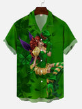 St. Patrick's Day Fairy with Clover Printing Cuban Collar Men's Short Sleeve Shirt