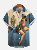 Retro Poster Airplane And Pretty Girl Printing Short Sleeve Shirt