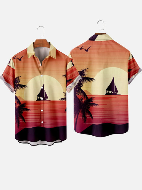 Sailboat and Sunset Printing Men's Short Sleeve Shirt