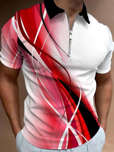 Casual Geometric Gradient Lines Printed Short Sleeve Polo