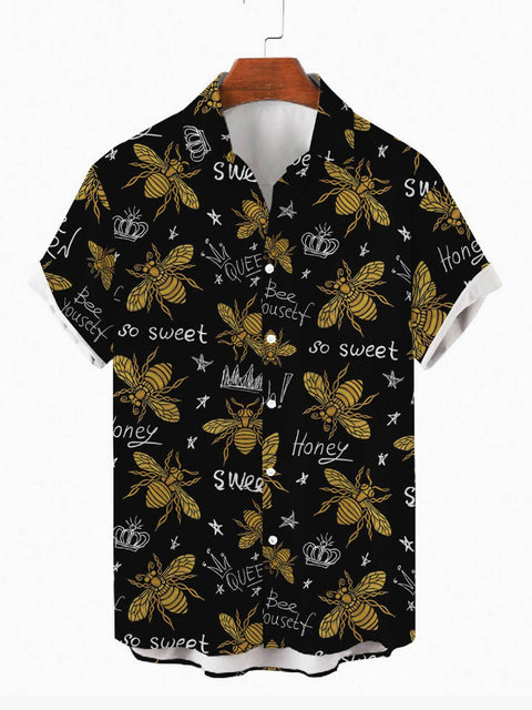 Bee Printed Turndown Collar Button Down Men's Short Sleeve Shirt