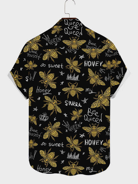 Chemise à manches courtes pour homme avec col rabattu et imprimé abeille