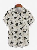 Cat and Broom Halloween Printed Button Down Men's Short Sleeve Shirt