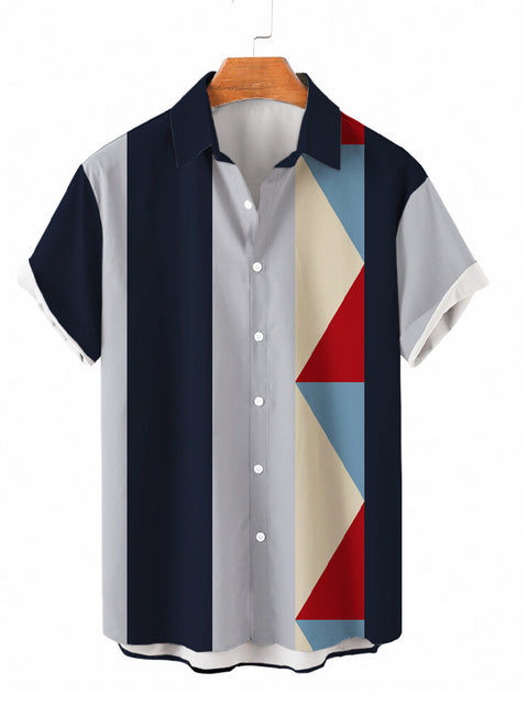 Retro Gray-Blue Matching Turndown Collar Button Down Men's Short Sleeve Shirt