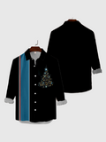 Vintage Black & Blue Stitching Shining Christmas Tree Printing Men's Long Sleeve Shirt