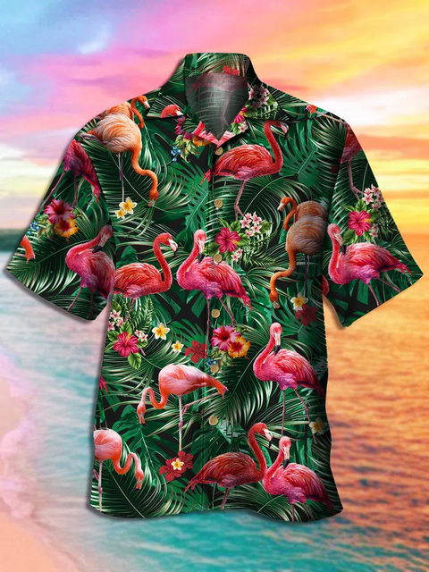 Eye-Catching Full-Print Animalistic Design Topical Flamingos Printing Cuban Collar Hawaiian Short Sleeve Shirt