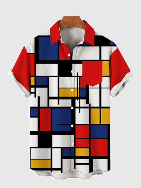 Full-Print Abstract Mondrian Checkered Printing Herren Kurzarmhemd
