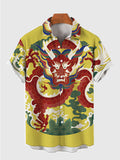 Chinese Traditional Red Tuanlong Pattern Dragon Robe Printing Men's Short Sleeve Shirt