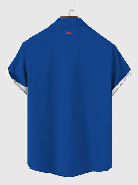 Vintage Blau &amp; Rot &amp; Weiß Nahtdruck Herren Kurzarmhemd