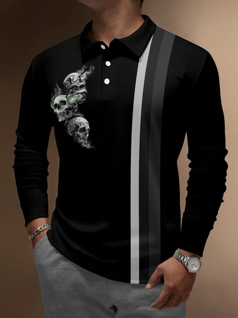 Casual Festive Gradient Striped Color Block And Skull Printing Men‘s Long Sleeve Polo