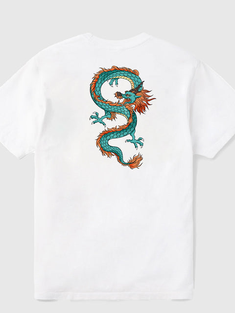 T-shirt à manches courtes en coton imprimé de dragon de la mythologie traditionnelle chinoise