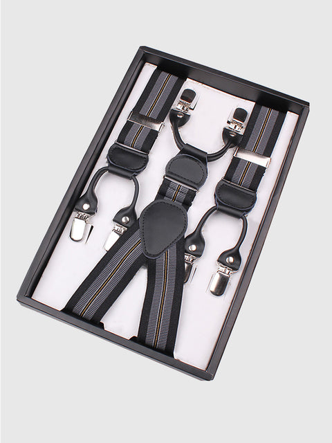 Elastische Herren-Hosenträger im britischen Stil, schwarz-grau gestreift, mit sechs Clips