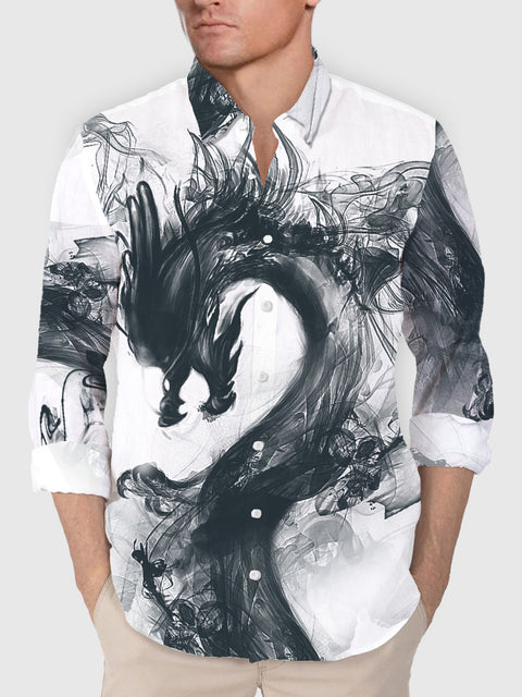 Chemise à manches longues pour hommes à impression complète de dragon d'encre de style chinois