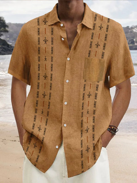 Khaki Linear Floral Hawaiian Vacation Short Sleeve Shirt Success