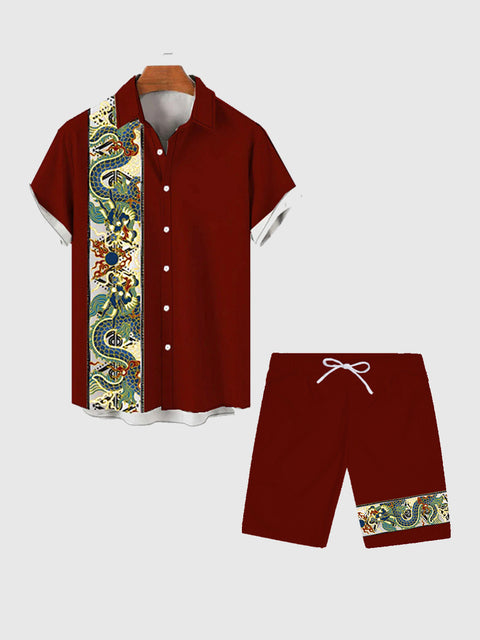 Vintage-Stil Rot und chinesischer traditioneller Mythologie-Drache-Druck Herren-Kurzarmhemd