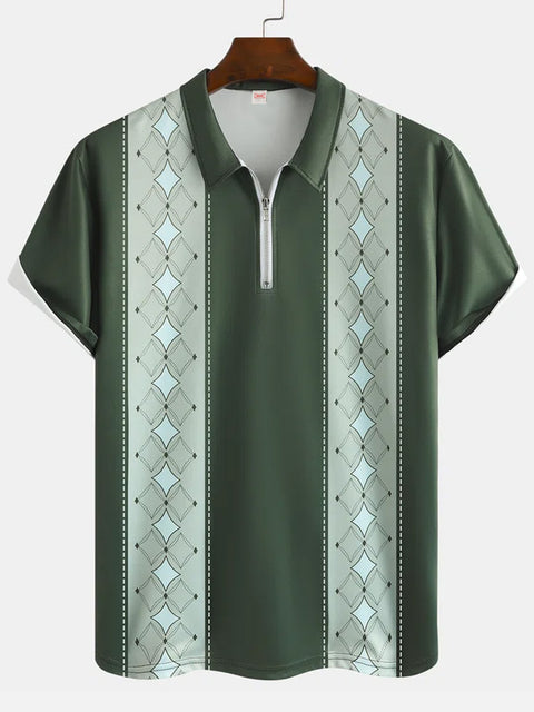 Vintage Green And Geometrical Element Stripes Printing Short Sleeve Polo