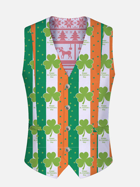 Irish Flag Clovers Printing V-Neck Suit Vest/Tuxedo Waistcoat And Tie, Can be Worn on Both Sides