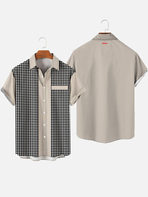 Chemise à manches courtes sans poche à motif de points modernes du milieu du siècle et impression kaki pour hommes
