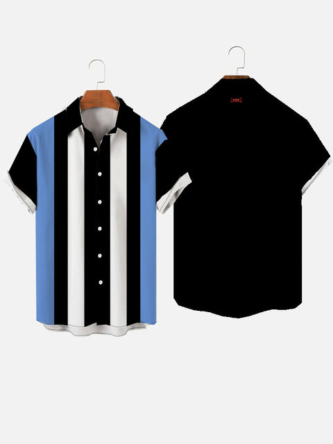 Chemise à manches courtes pour hommes Vintage Black &amp; Blue &amp; White Stitching Printing