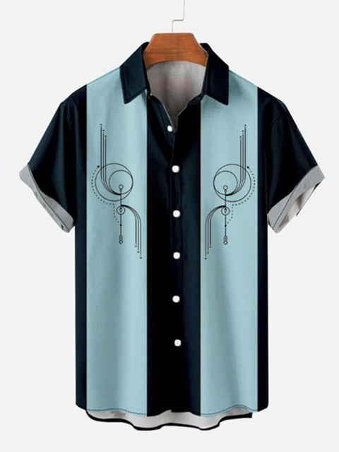50s Blue &amp; Navy Stripe Line Dot Geometric Elements Printing Men's Short Sleeve Shirt