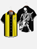 50s Black & Yellow Stripe Skull Printing Button Down Men's Short Sleeve Shirt