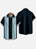 50s Blue & Navy Stripe Line Dot Geometric Elements Printing Men's Short Sleeve Shirt
