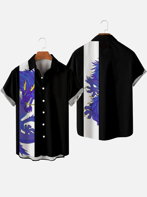 Kurzärmliges Herrenhemd im Vintage-Stil in Schwarz und Lila mit Drachendruck