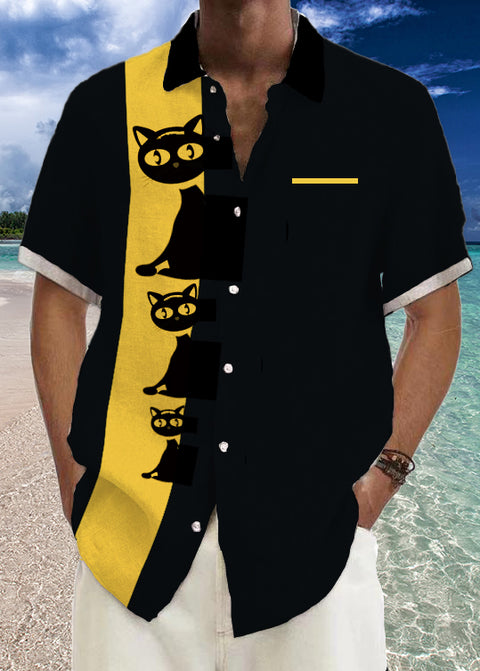 Chemise à manches courtes pour hommes Vintage jaune et noir couture chats noirs impression