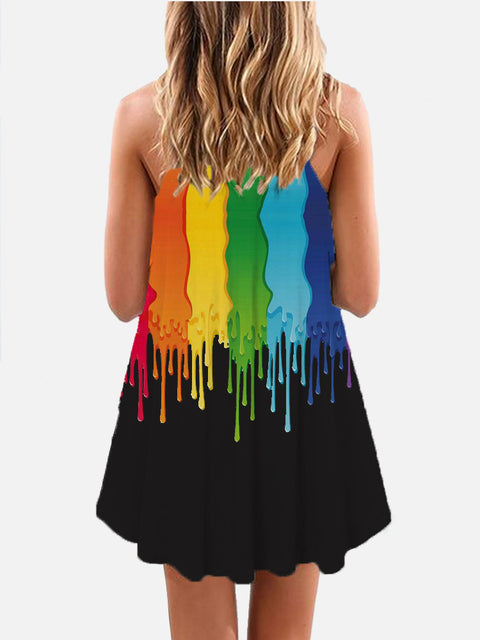 Cartoon Melting Rainbow Liquid Hippie Printing Sleeveless Camisole Dress