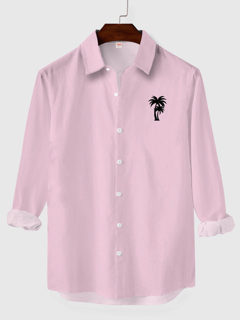 Pink-Black Hawaiian Coconut Tree Printing Printing Men's Long Sleeve Shirt