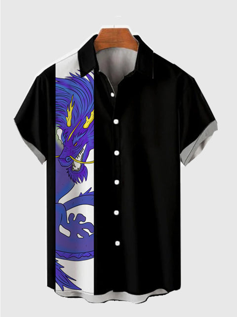 Kurzärmliges Herrenhemd im Vintage-Stil in Schwarz und Lila mit Drachendruck