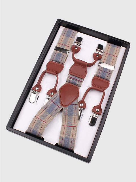 British Style Plaid Six Clips Elastic Men's Suspenders