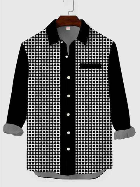 Mid-Century Modern Schwarz-Weiß-Musterdruck Taschenloses Herren-Langarmhemd