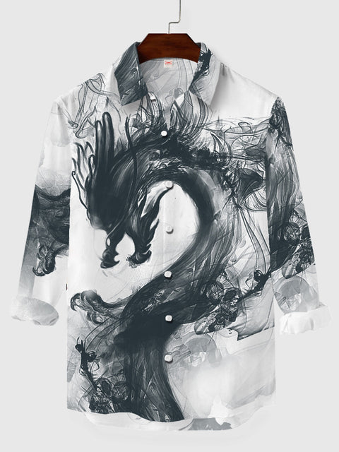 Chemise à manches longues pour hommes à impression complète de dragon d'encre de style chinois
