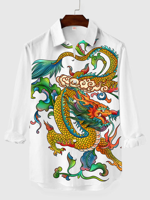 Weißer chinesischer Drache und Phönix bedrucktes Herren-Langarmhemd