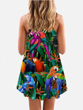 Hippie Psychedelic Neon Colorful Tropical Foliage And Parrots Printing Sleeveless Camisole Dress