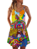 60's Peace Hippie Style Abstract Colorful Music Love And Peace Printing Sleeveless Camisole Dress