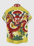 Chinese Traditional Red Tuanlong Pattern Dragon Robe Printing Men's Short Sleeve Shirt