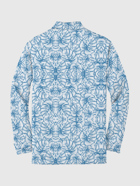 Fashionable and Comfortable Blue Leaves Printing Men‘s Long Sleeve Polo